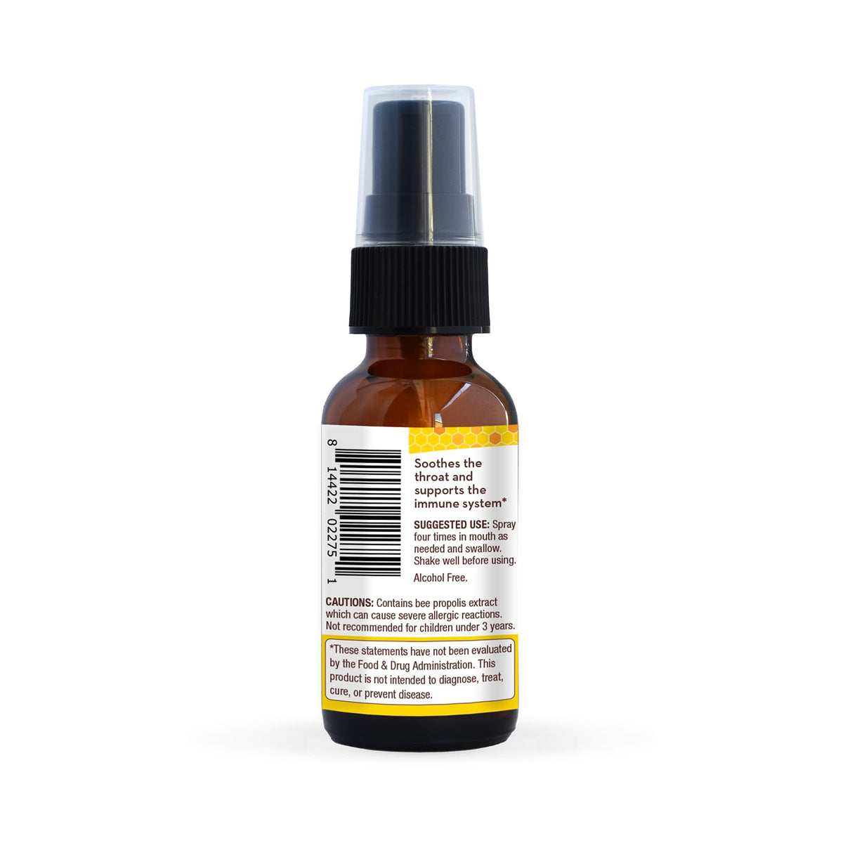 Back label of Wedderspoon Propolis and Manuka Honey Throat Spray showing dietary supplement facts
