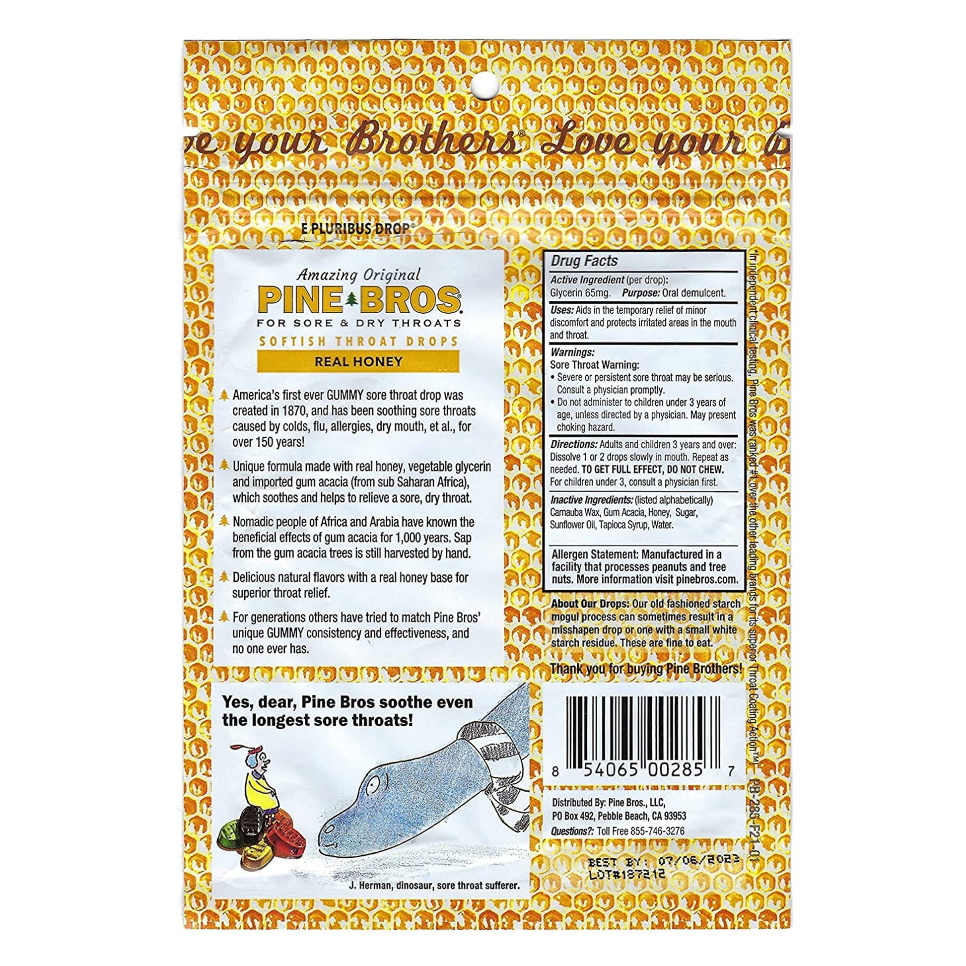 Pine Bros chewy throat drops for sore throat relief bag contents