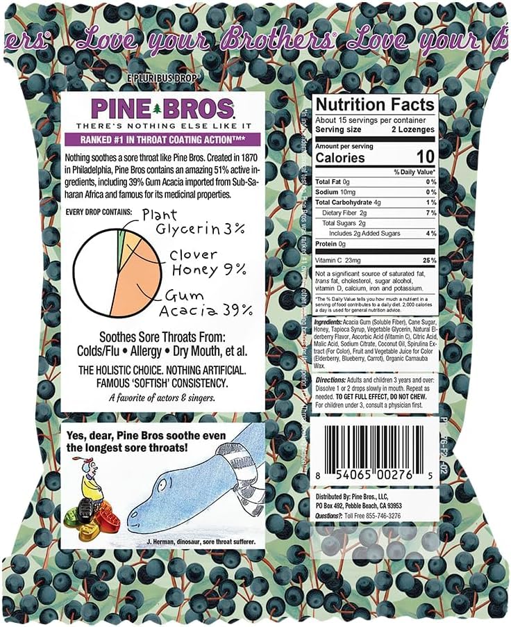 Pine Bros. Elderberry throat drops packaging showing count and flavor