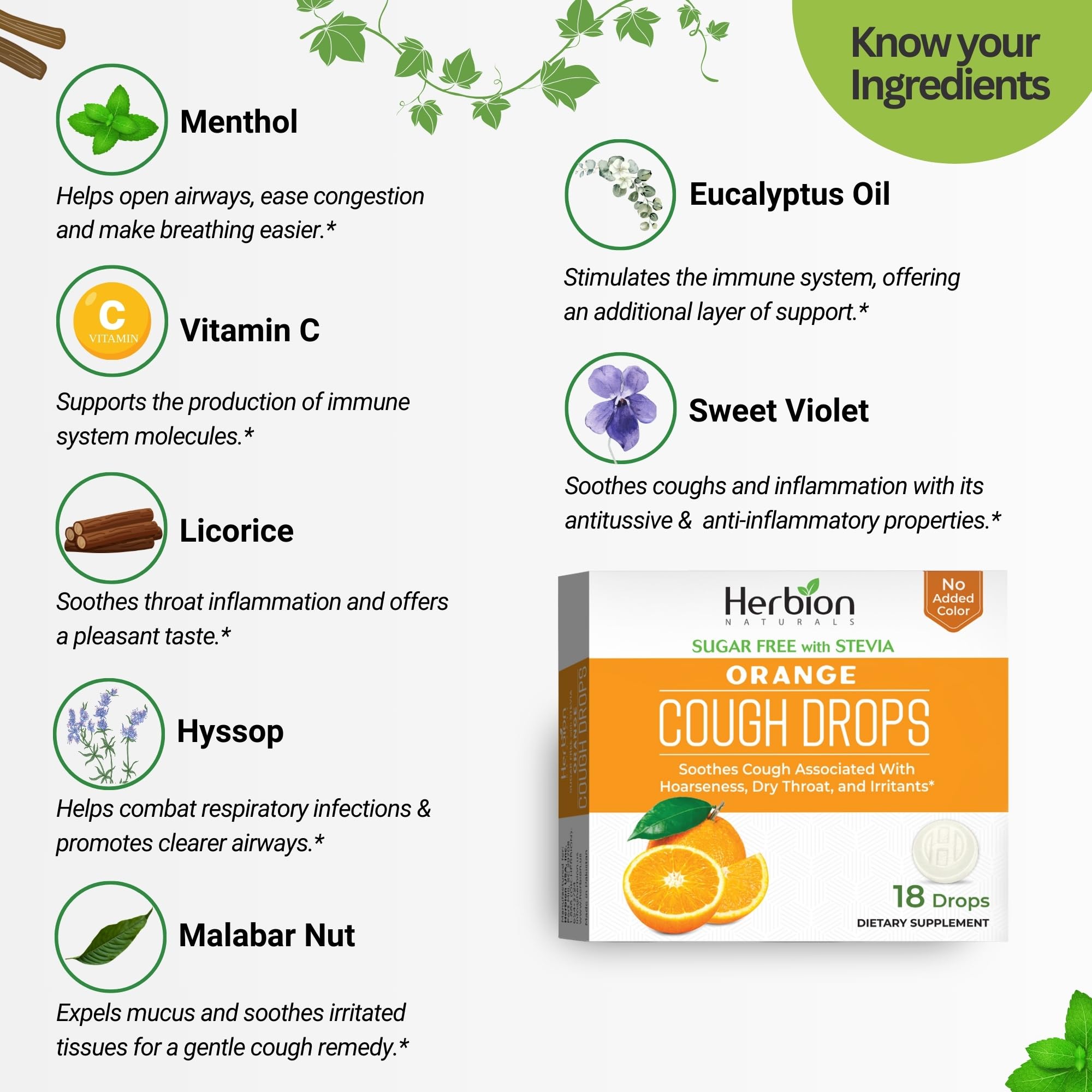 Herbion sugar free throat lozenges showing the natural orange flavor details and stevia sweetener badge.