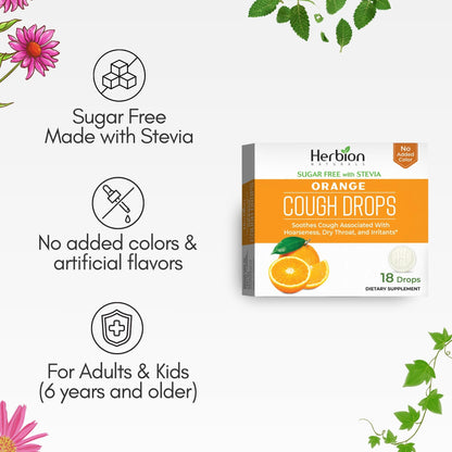 Close up of Herbion Naturals sugar free throat lozenges highlighting the safe for adults and children warning.