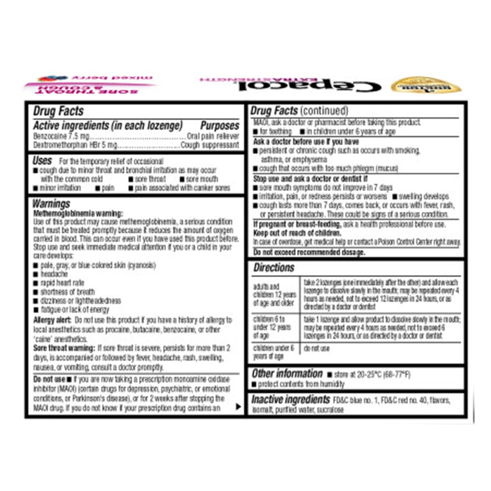 Back label of Cepacol Extra Strength lozenges detailing benzocaine and dextromethorphan active ingredients
