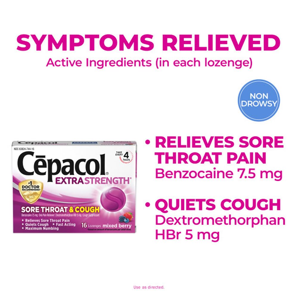 Side view of Cepacol mixed berry throat drops box displaying dosage instructions and warnings