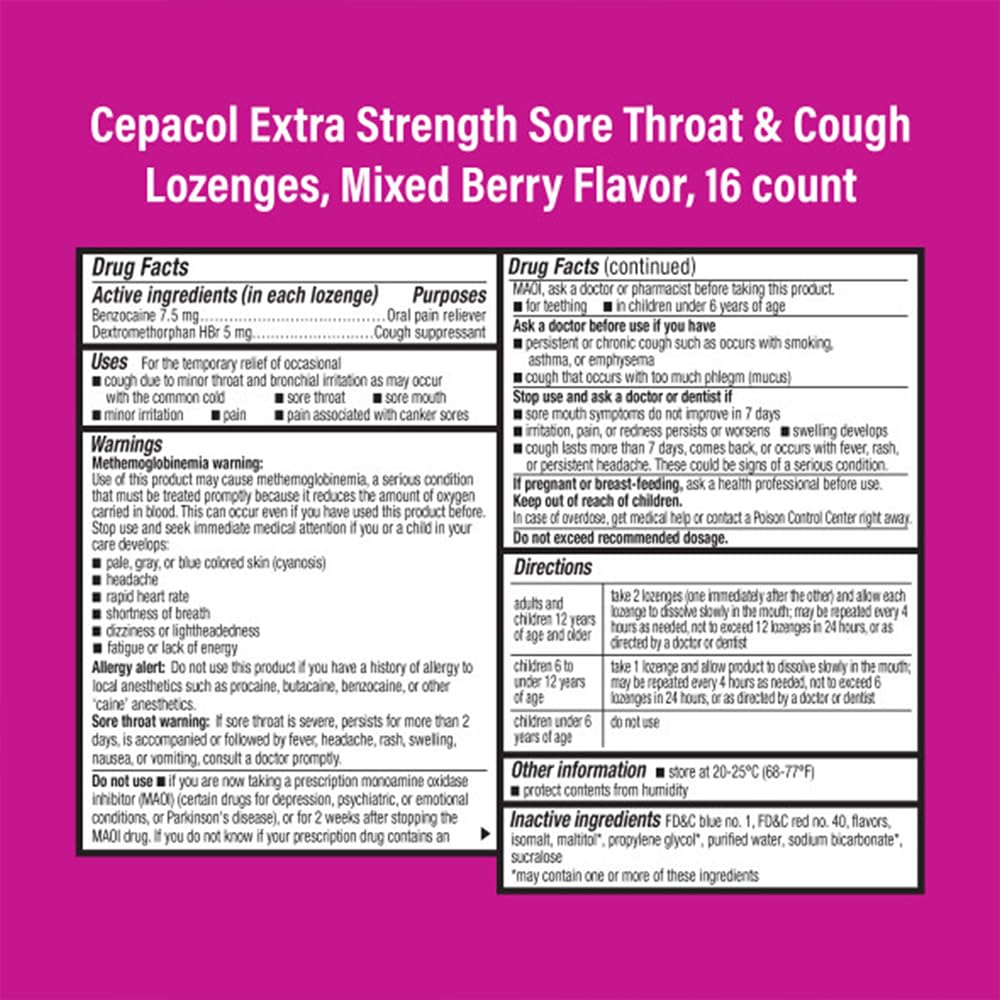Close up of an individually wrapped Cepacol extra strength sore throat and cough relief lozenge