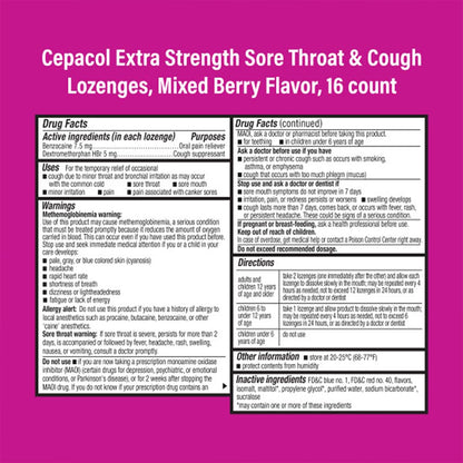 Close up of an individually wrapped Cepacol extra strength sore throat and cough relief lozenge