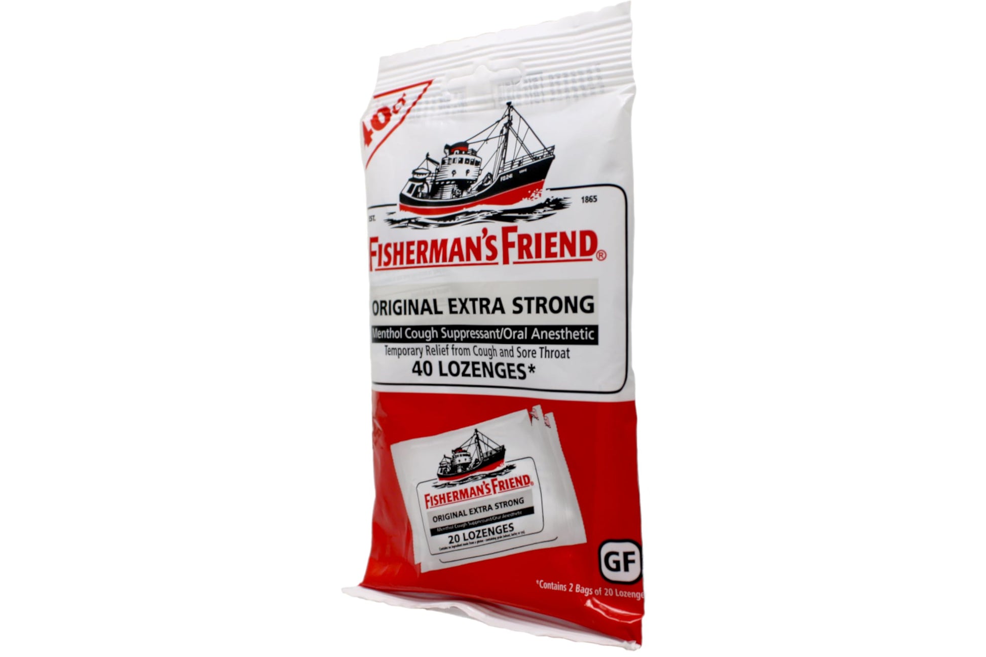 Authentic USA imported Fisherman's Friend throat lozenges packaging detailing active ingredients