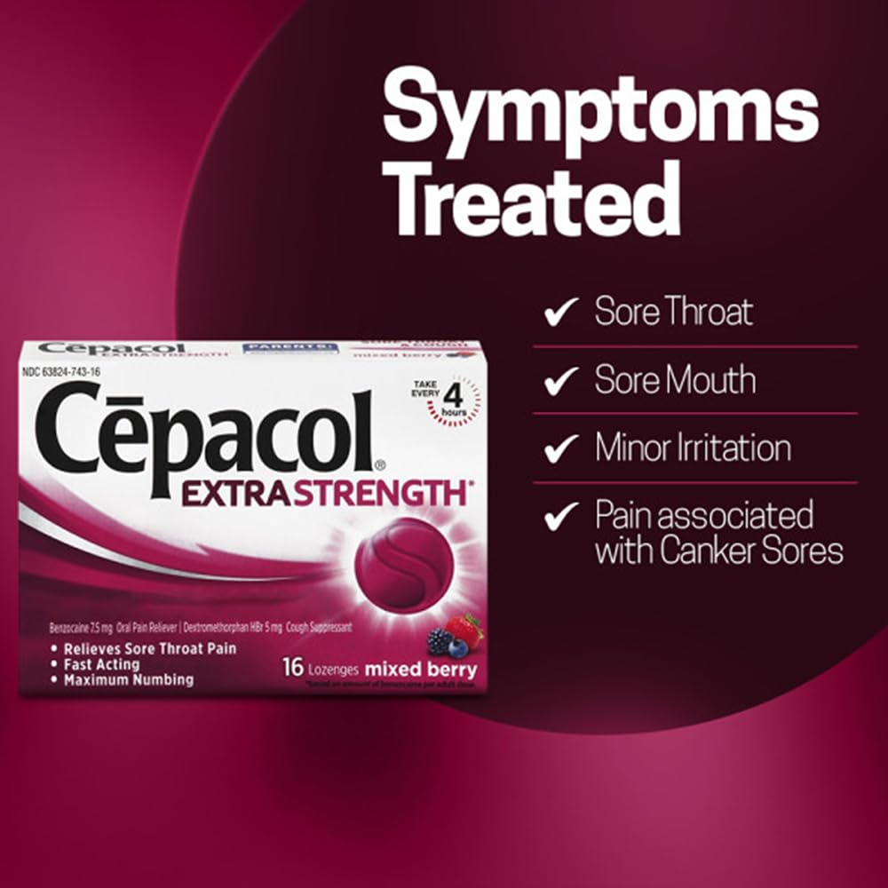 Imported USA Cepacol extra strength lozenges box highlighting fast acting relief features