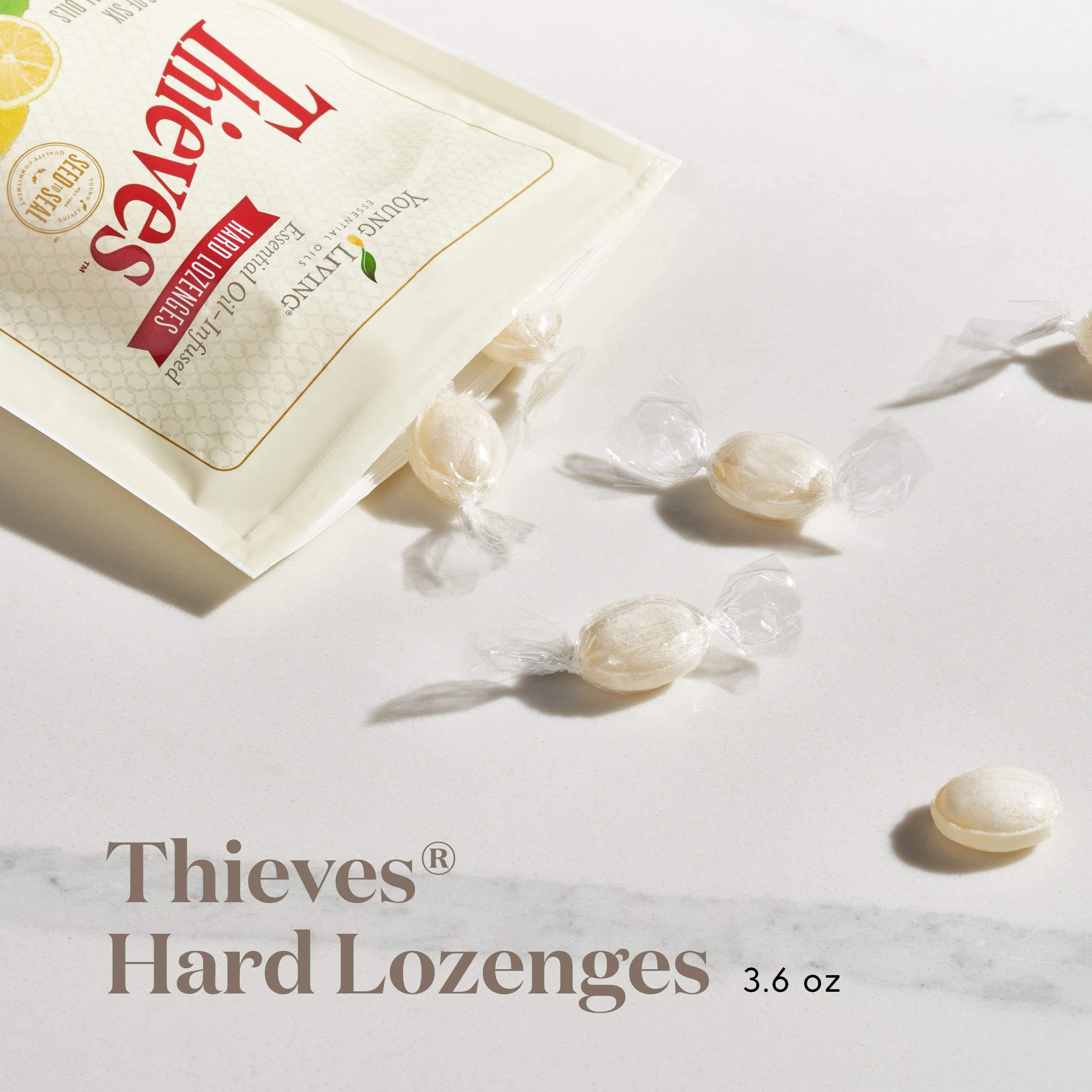 Young Living sugar free throat drops bag showing natural herbal supplement details