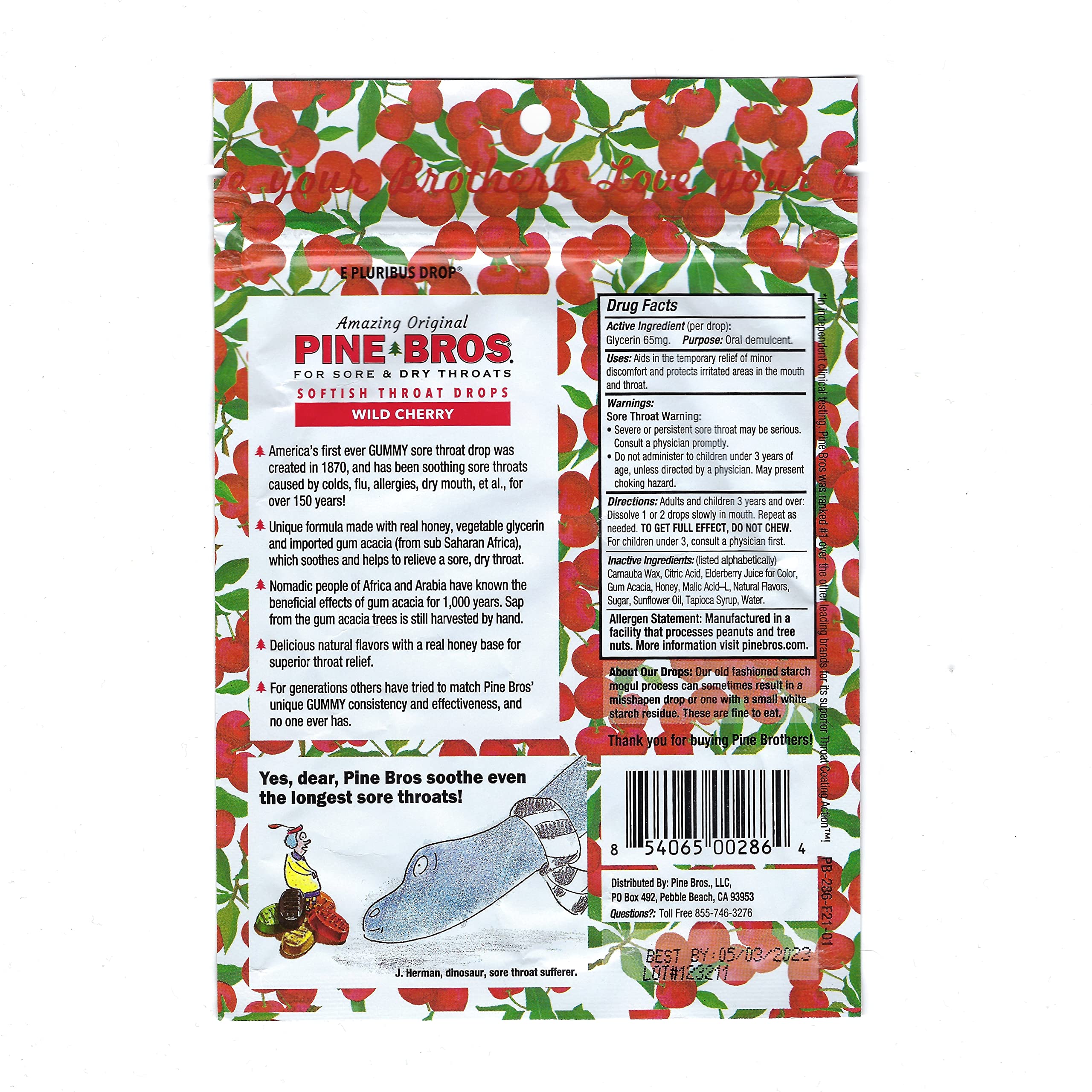 Pine Bros authentic USA imported wild cherry flavor throat coating gummy drops product details and ingredients display