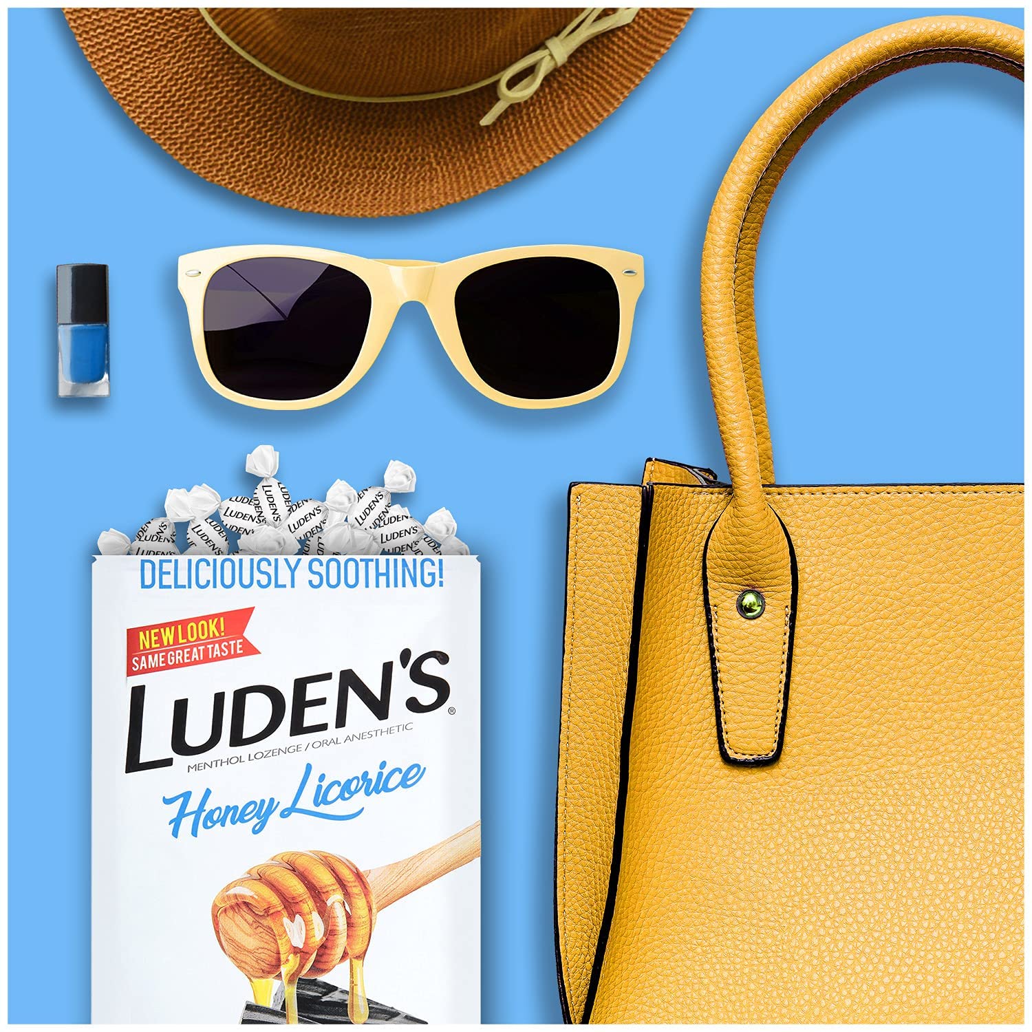 Luden's honey licorice throat lozenges demonstrating convenient on the go packaging.