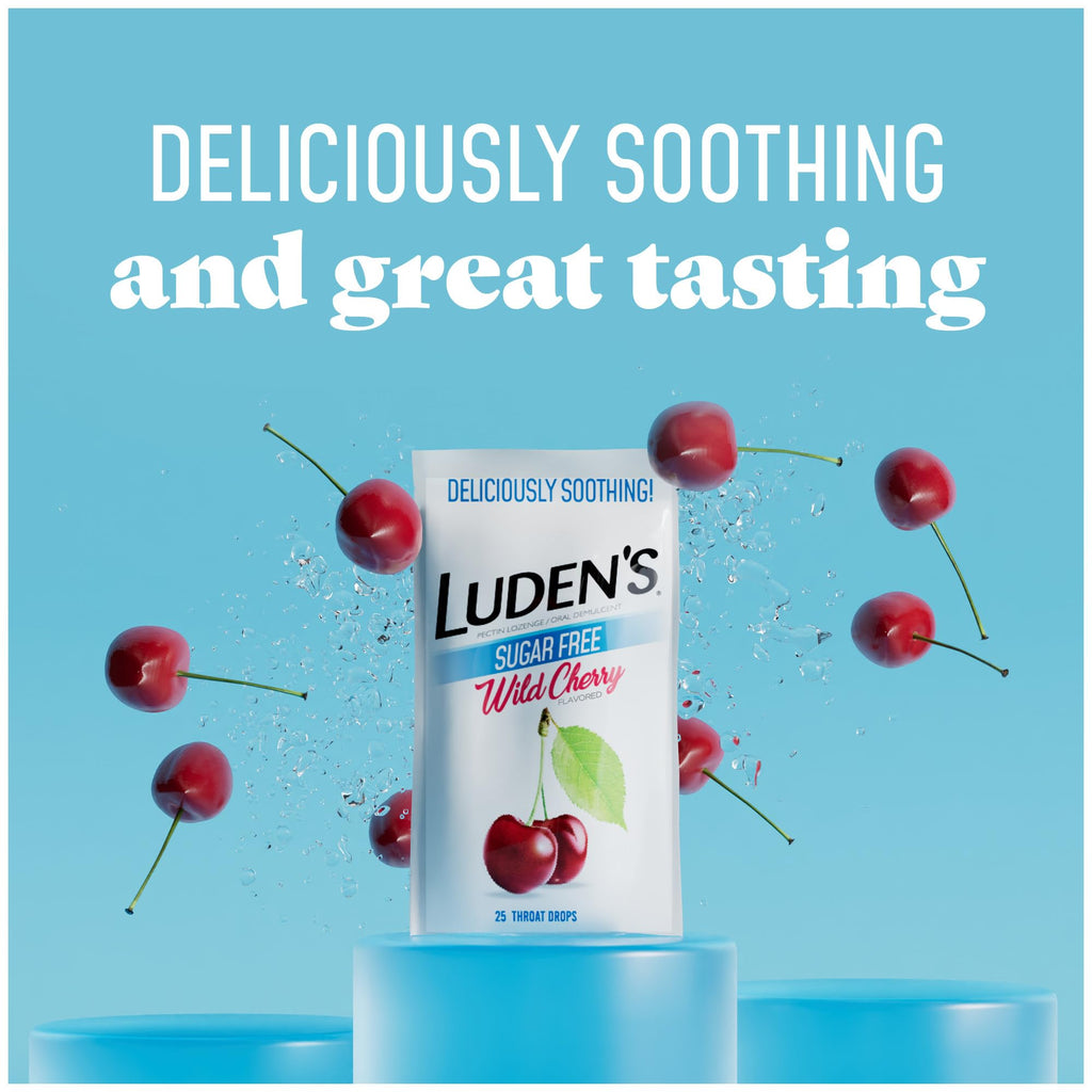 Back label of Luden's wild cherry throat drops displaying ingredients and usage instructions.