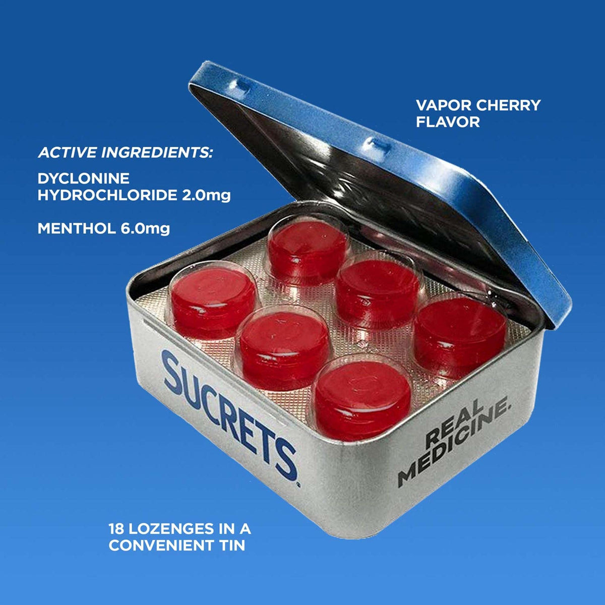 Three portable metal tins of Sucrets cherry flavor sore throat lozenges arranged on flat surface