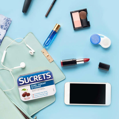 Sucrets oral anesthetic lozenges showing individual wrapping inside the open iconic container