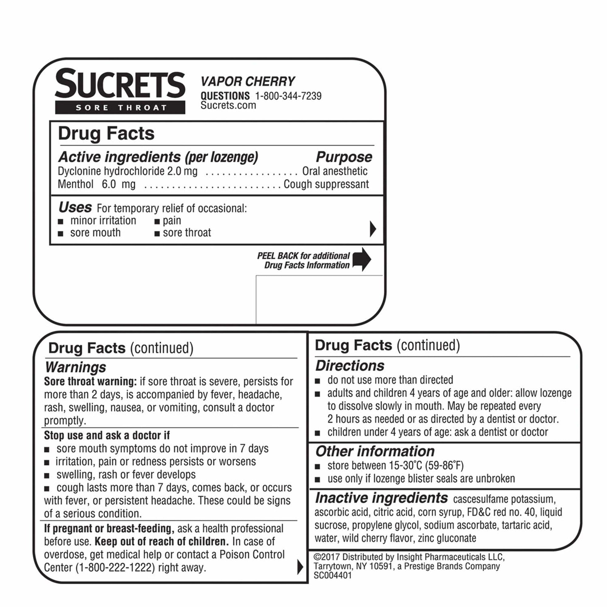 Sucrets cough suppressant throat lozenges package back label displaying ingredients and directions