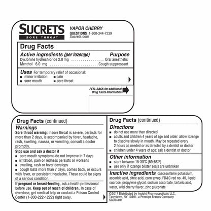 Sucrets cough suppressant throat lozenges package back label displaying ingredients and directions