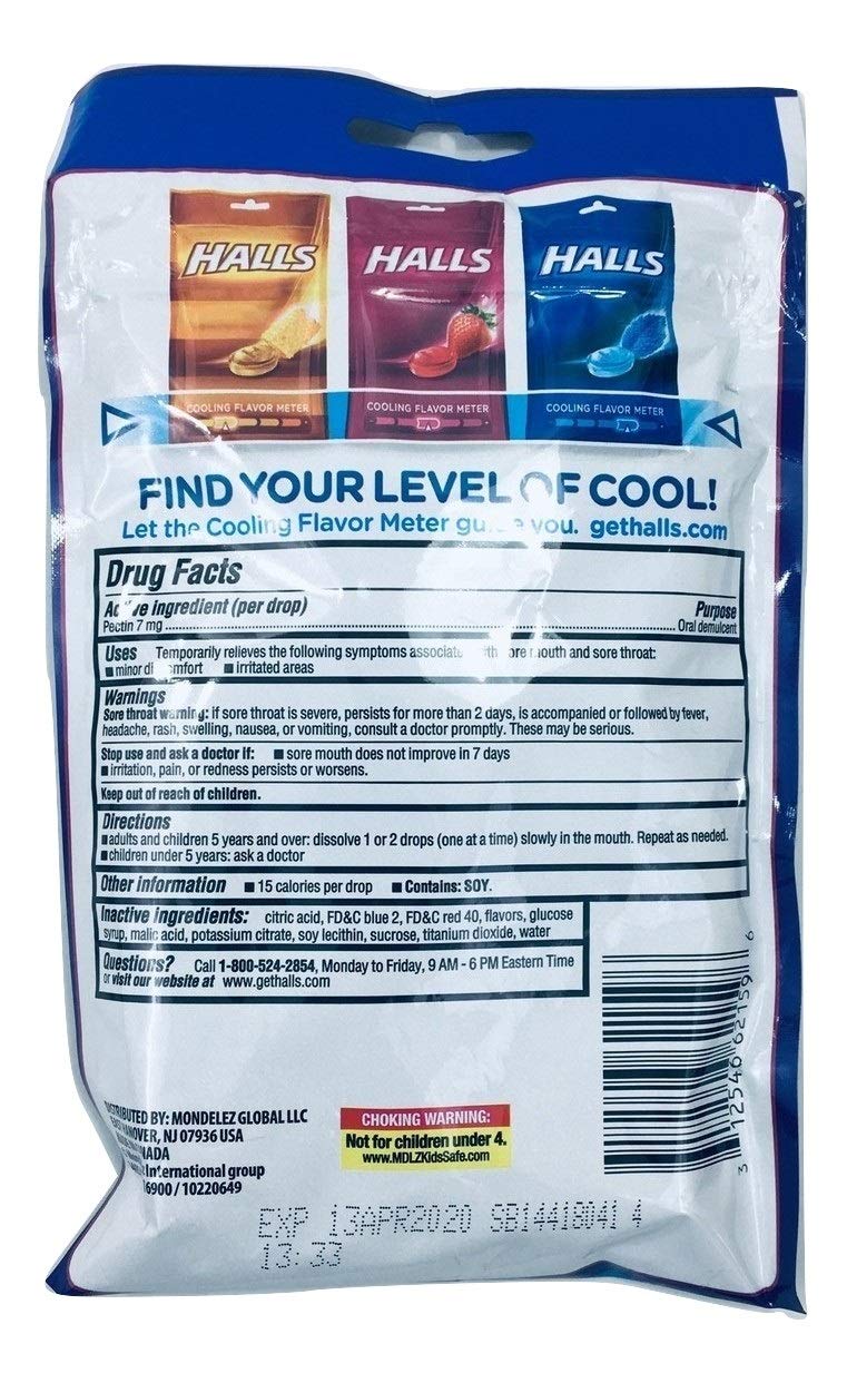 Halls throat soothing cool berry non menthol lozenges packaging showing pectin active ingredient