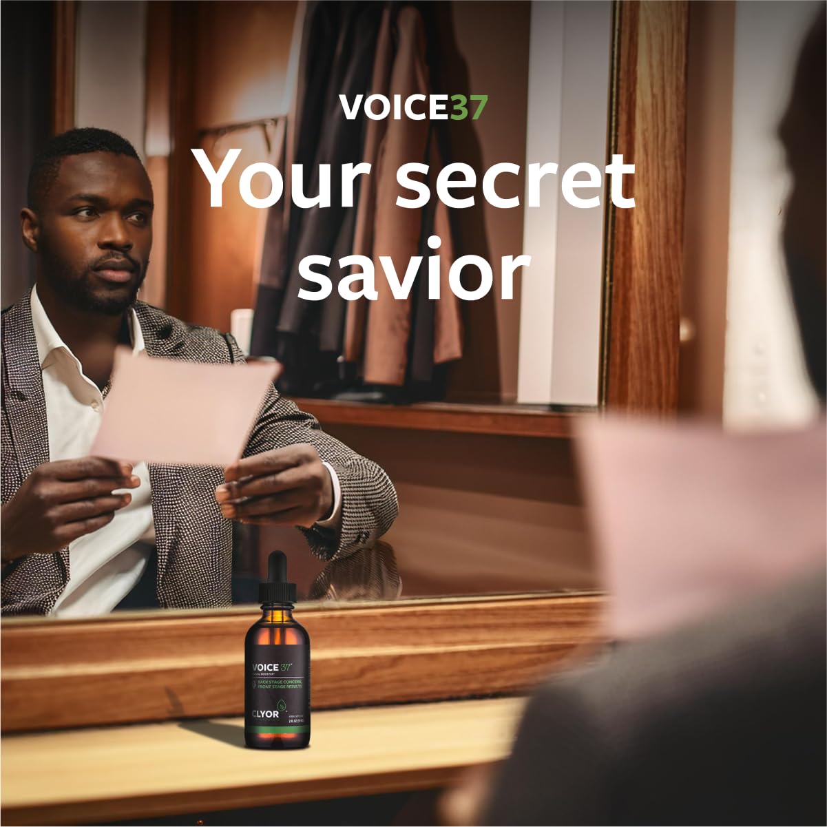 Side view of CLYOR Voice37 liquid voice remedy bottle highlighting the clean herbal formula.