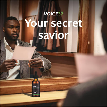 Side view of CLYOR Voice37 liquid voice remedy bottle highlighting the clean herbal formula.