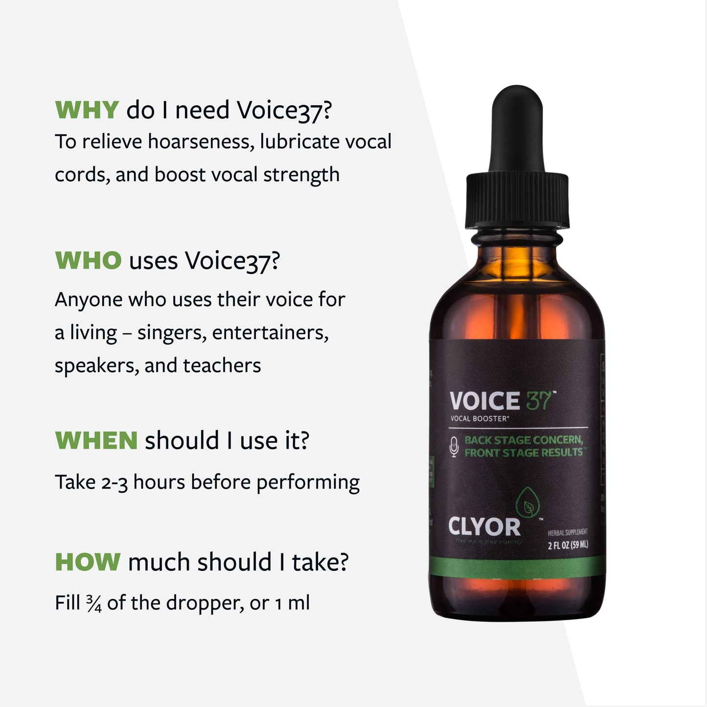 CLYOR Voice37 natural expectorant and laryngitis relief remedy label details.