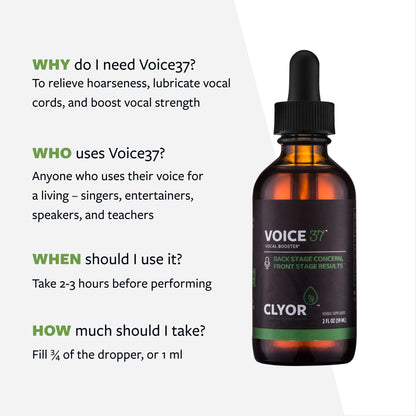 CLYOR Voice37 natural expectorant and laryngitis relief remedy label details.