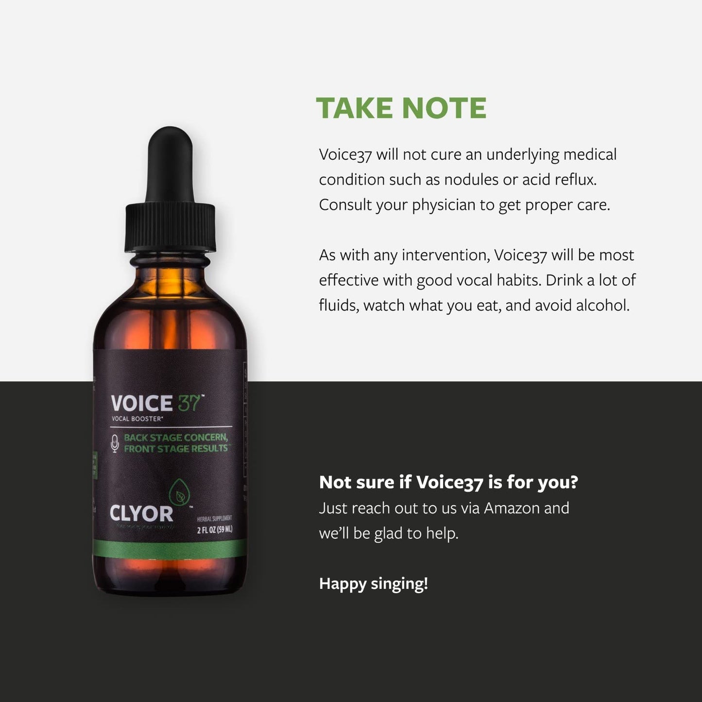 Two ounce bottle of CLYOR Voice37 showing premium liquid vocal booster presentation.