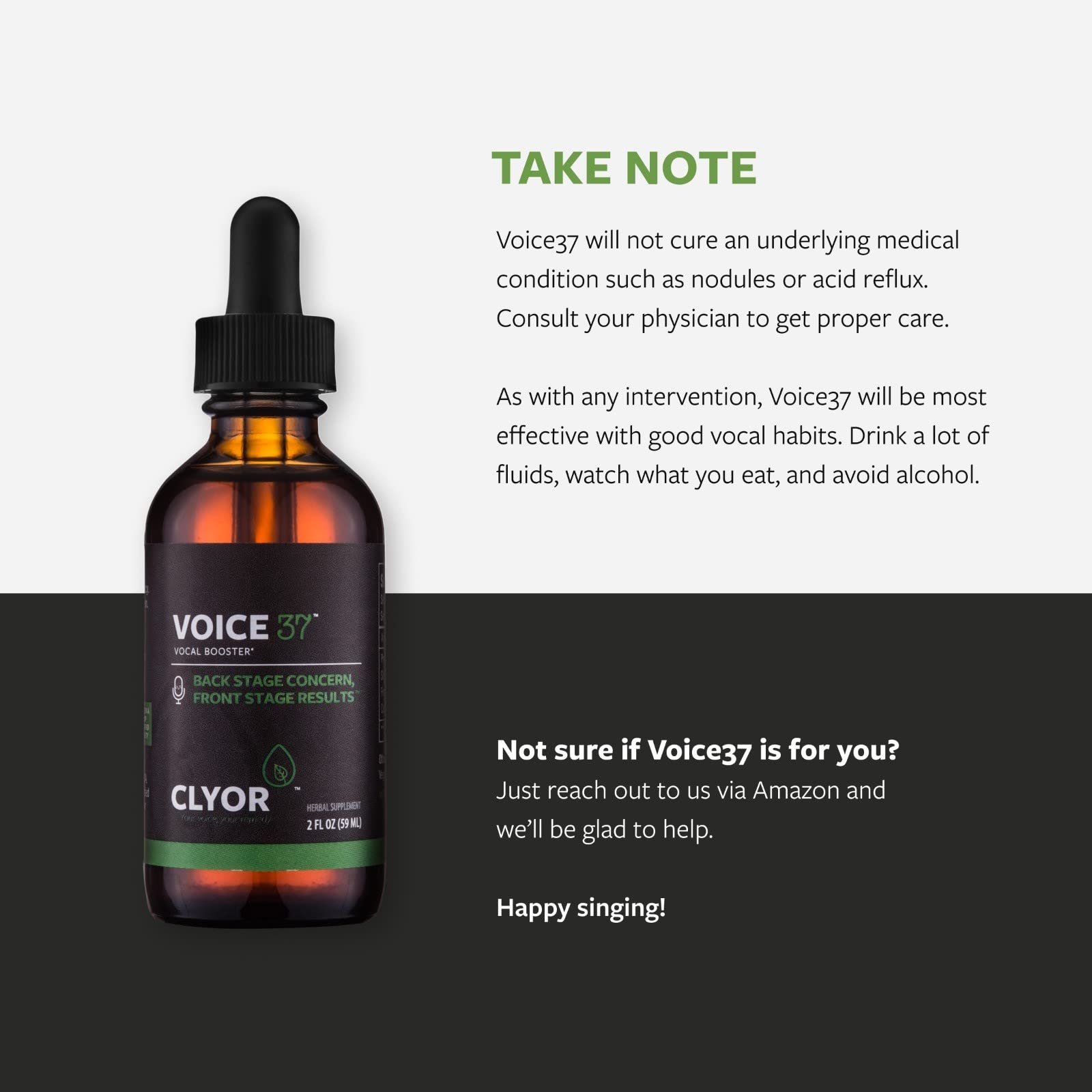 Two ounce bottle of CLYOR Voice37 showing premium liquid vocal booster presentation.