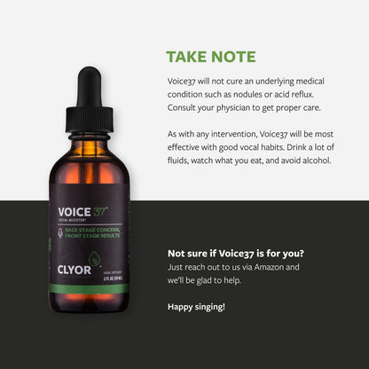 Two ounce bottle of CLYOR Voice37 showing premium liquid vocal booster presentation.