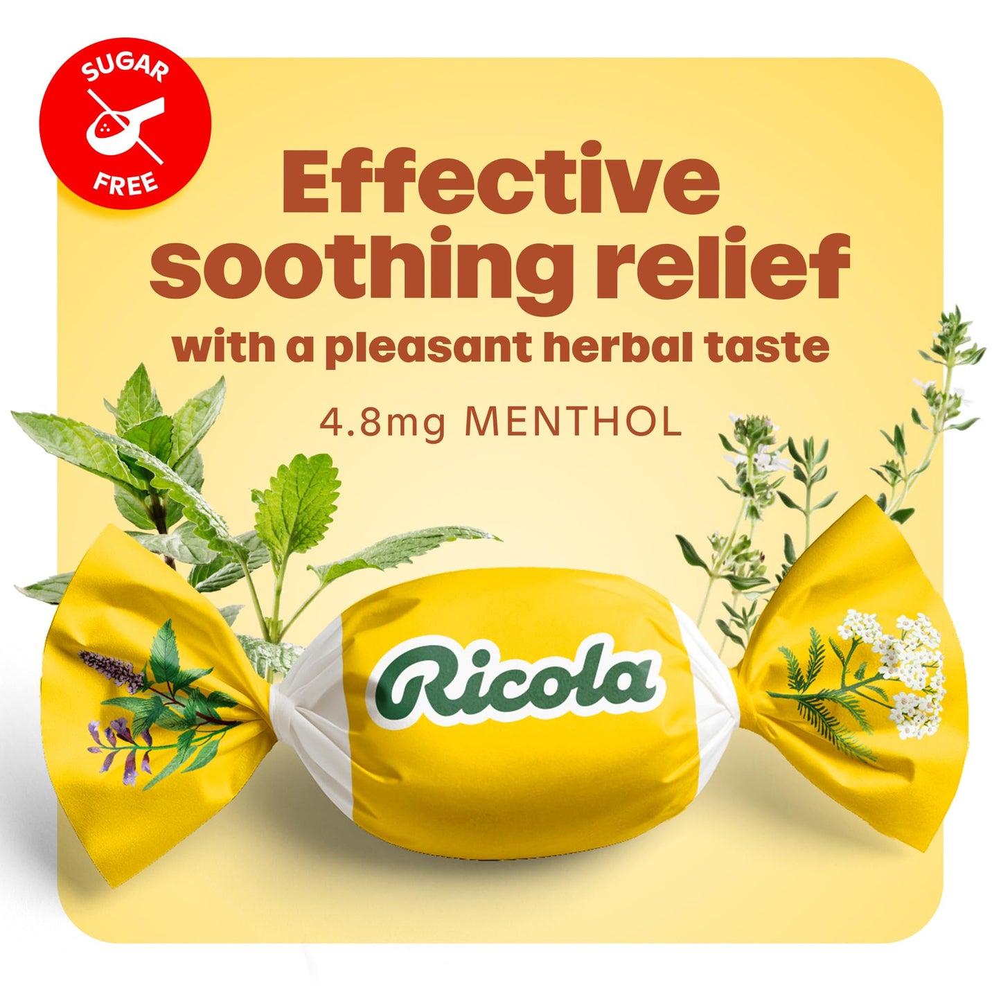 Close-up of the sugar-free Swiss Alpine herb mixture description on a Ricola cough drop pack.
