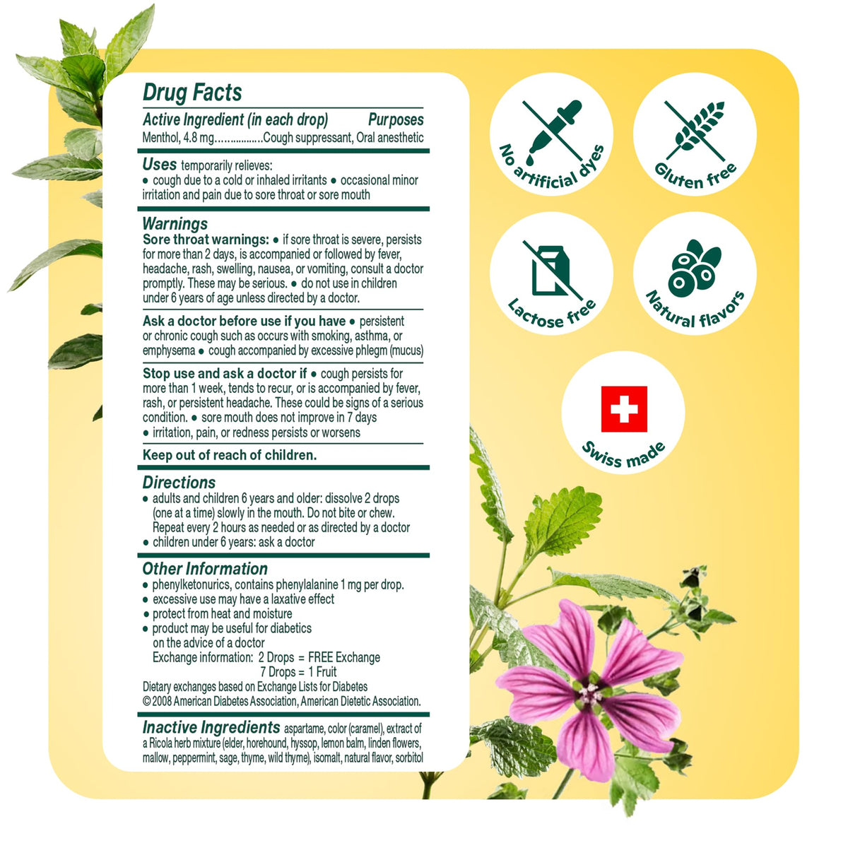 Ricola herbal sore throat relief drops displayed clearly for consumer label transparency.