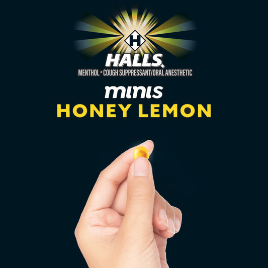 Two flip-top packs of Halls Minis Honey Lemon cough drops