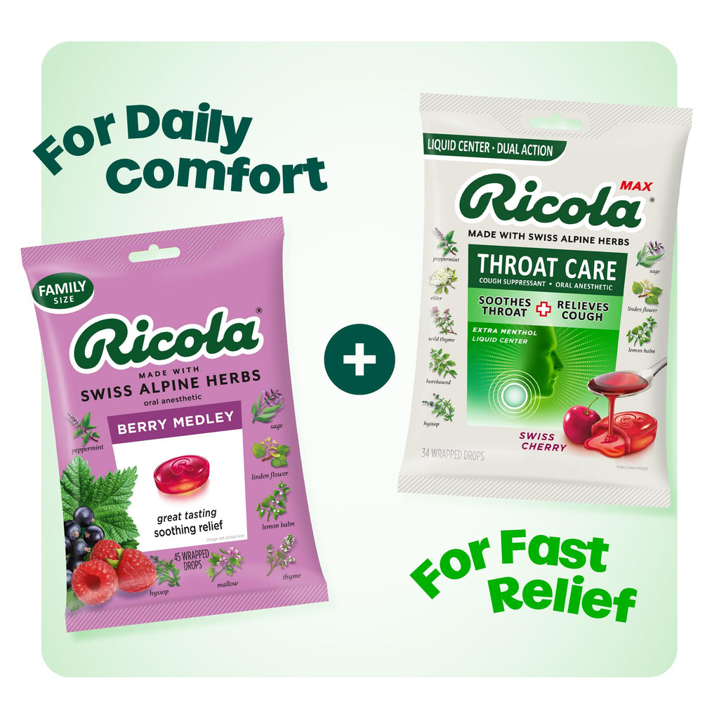 Ricola Max cherry flavor cough drops with liquid center directions label