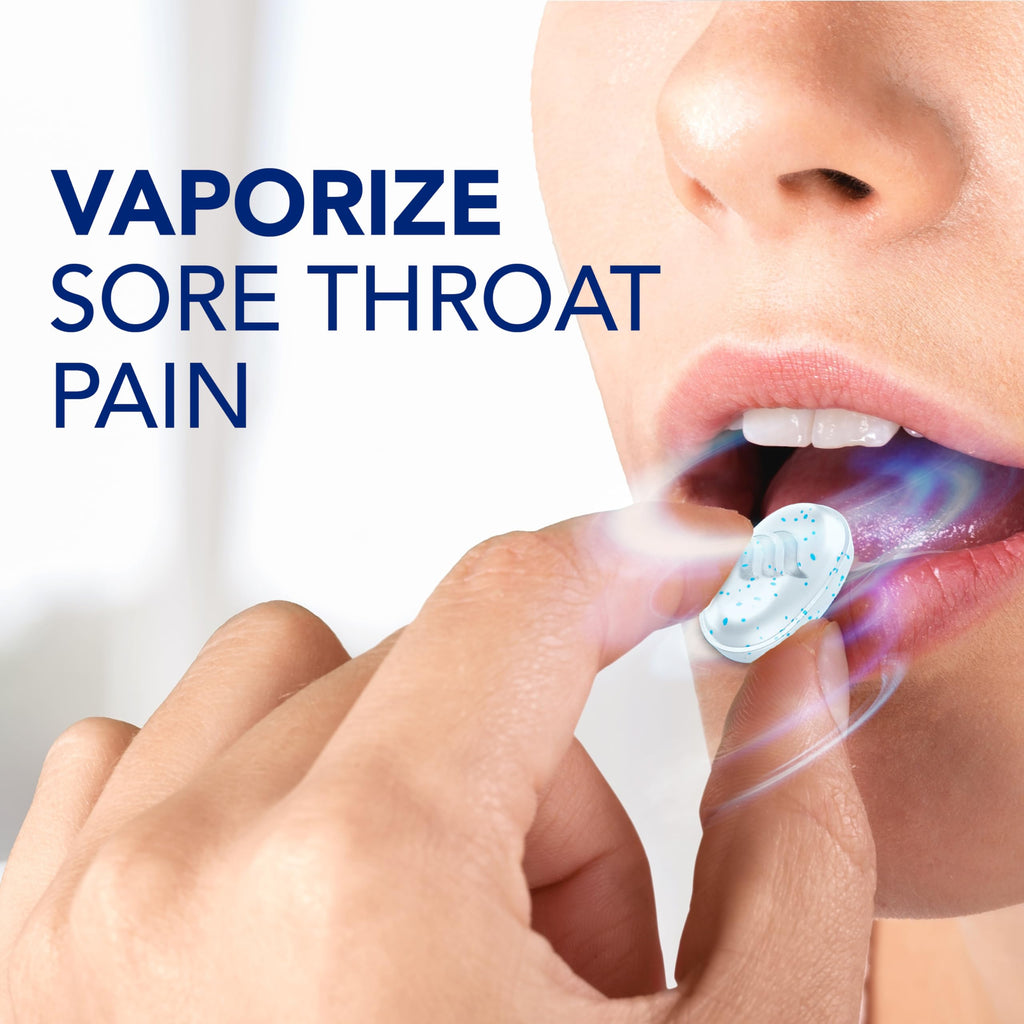 Side profile of imported Vicks VapoCool winterfrost throat drops box showing product details.
