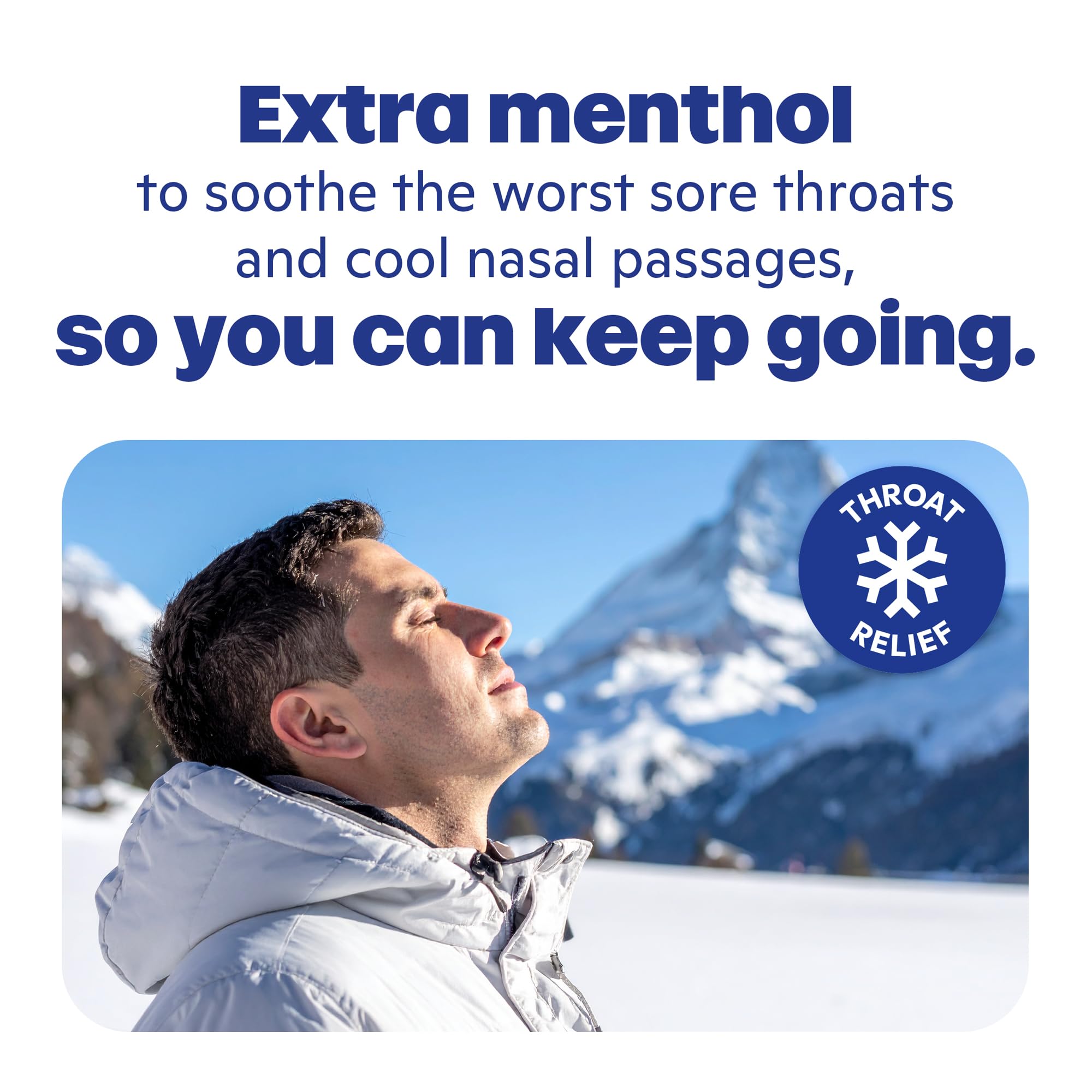 Ricola extra strength menthol throat lozenges bag showing product features and Swiss herb graphics.