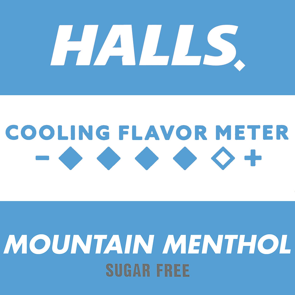 Individually wrapped Halls relief cough drops spread out on a clean surface