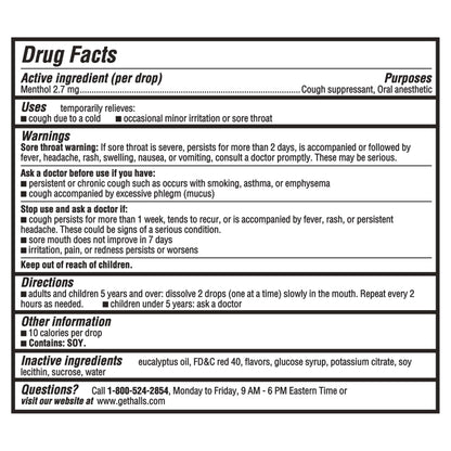 HALLS strawberry menthol lozenges packaging showing eighty drops count for sore throat