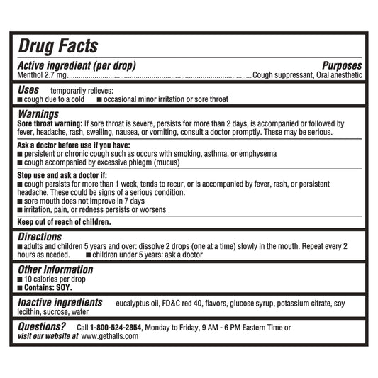 HALLS strawberry menthol lozenges packaging showing eighty drops count for sore throat