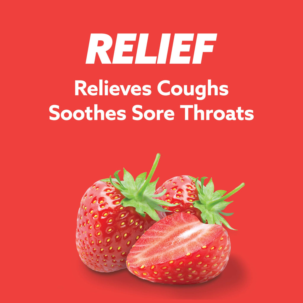 Close up of HALLS strawberry cough drops package containing eighty soothing lozenges