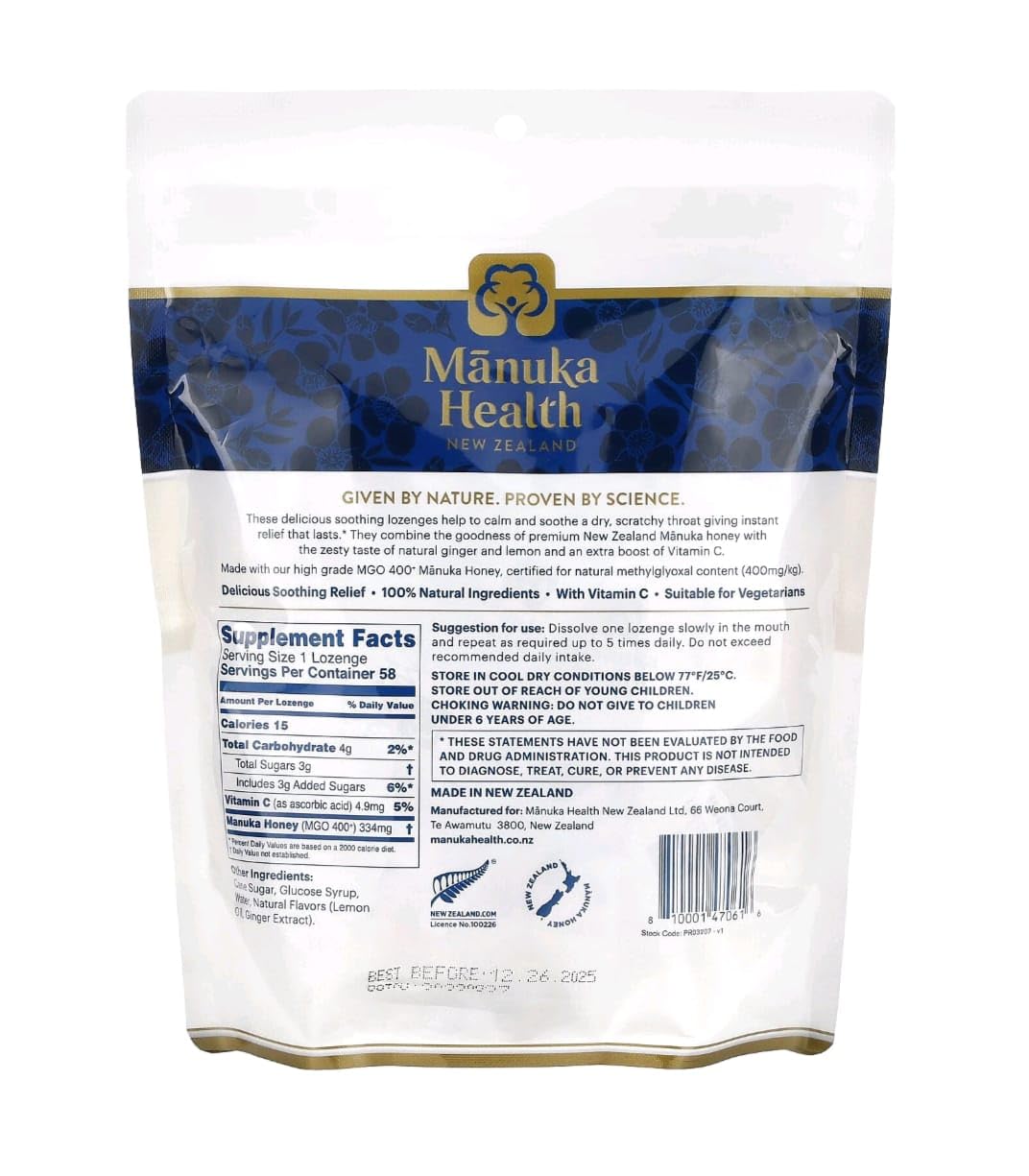 Manuka Health throat lozenges showing the MGO 400 plus certification and natural ingredients label