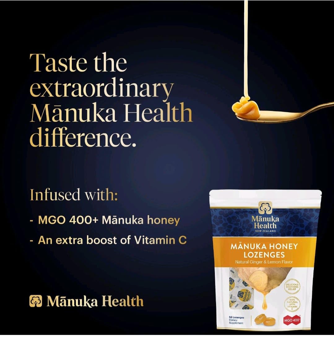 Back view of Manuka Health cough drops package showing detailed nutritional facts and vitamin C content