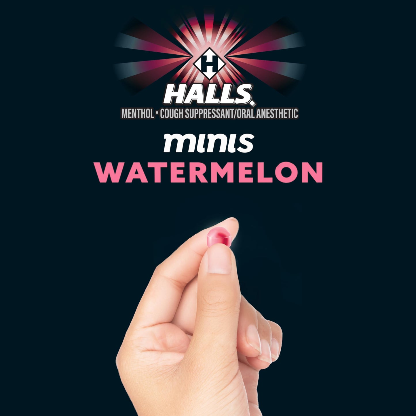 Halls Minis sugar free watermelon lozenges side view displaying nutritional and drug facts label