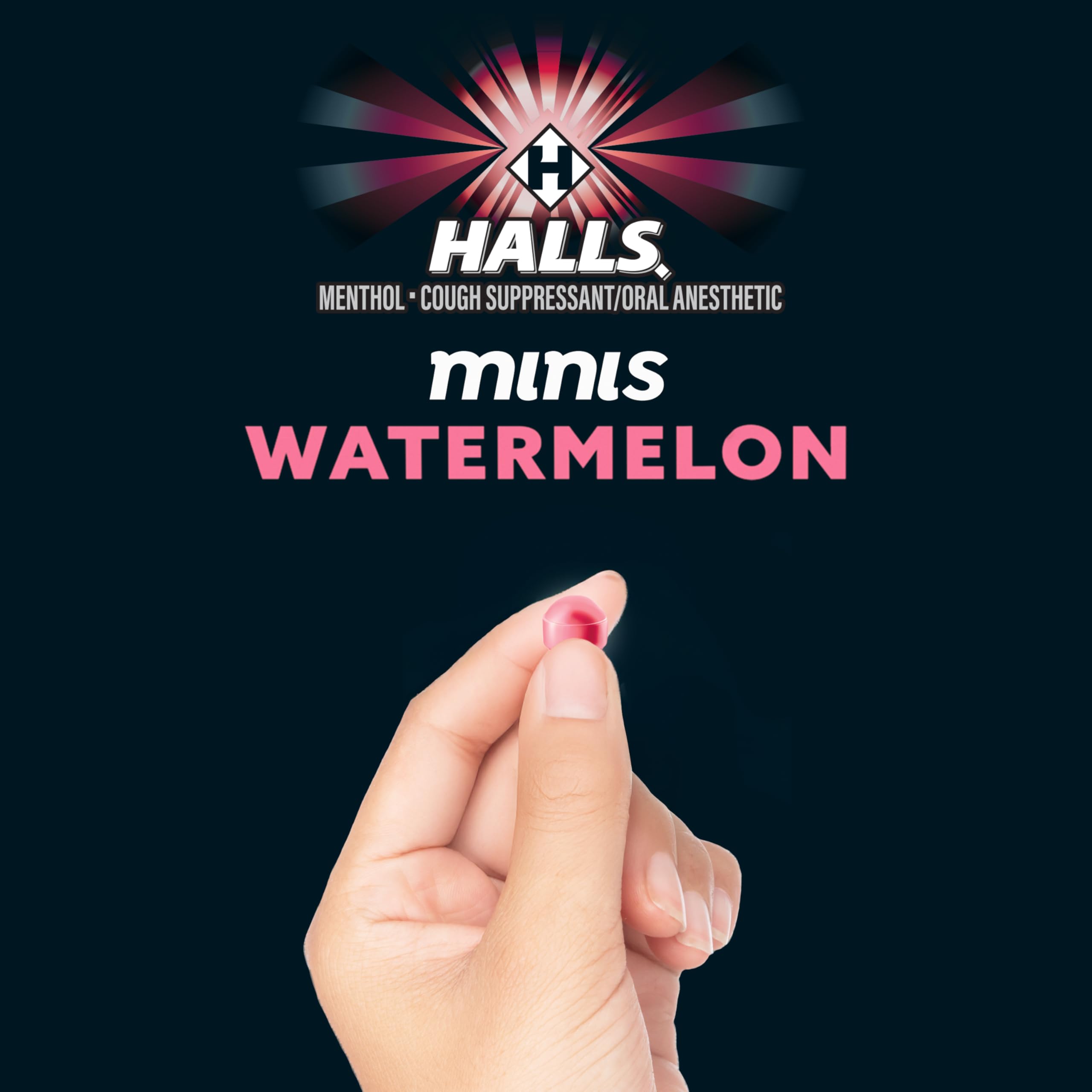 Halls Minis sugar free watermelon lozenges side view displaying nutritional and drug facts label