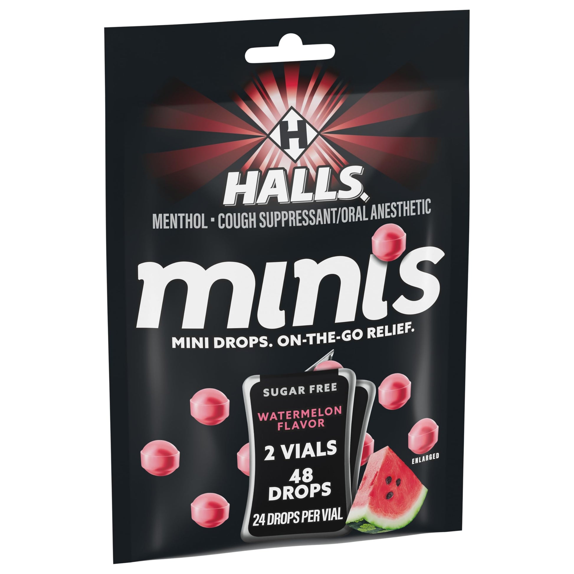 Halls Minis watermelon flavor oral anesthetic lozenges showing compact size relative to standard drops