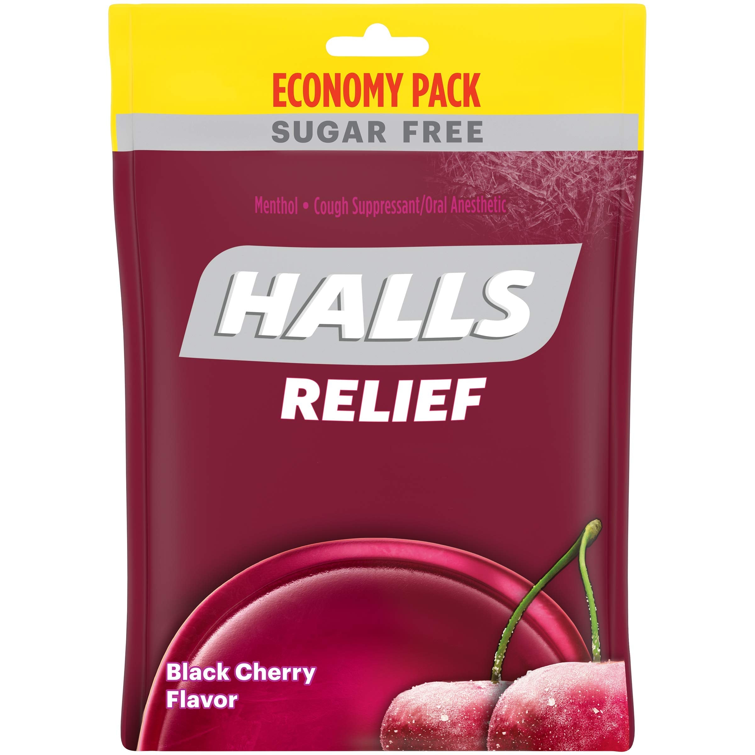 HALLS sugar free black cherry lozenges showing the economy pack size details