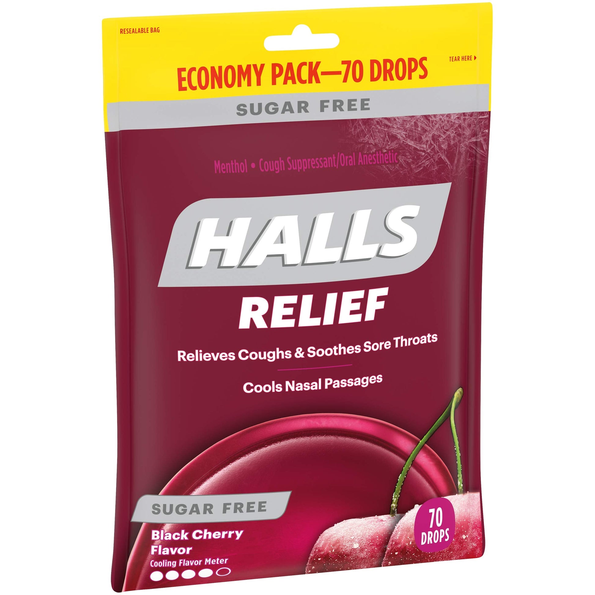 Back label of HALLS sugar free black cherry cough suppressant showing drug facts and menthol content