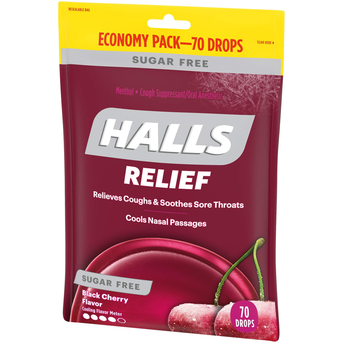 Close up view of the resealable seal on the HALLS seventy count economy bag