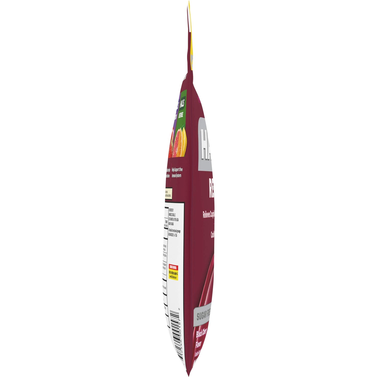 Side view of the imported USA packaging for HALLS relief black cherry sugar free drops