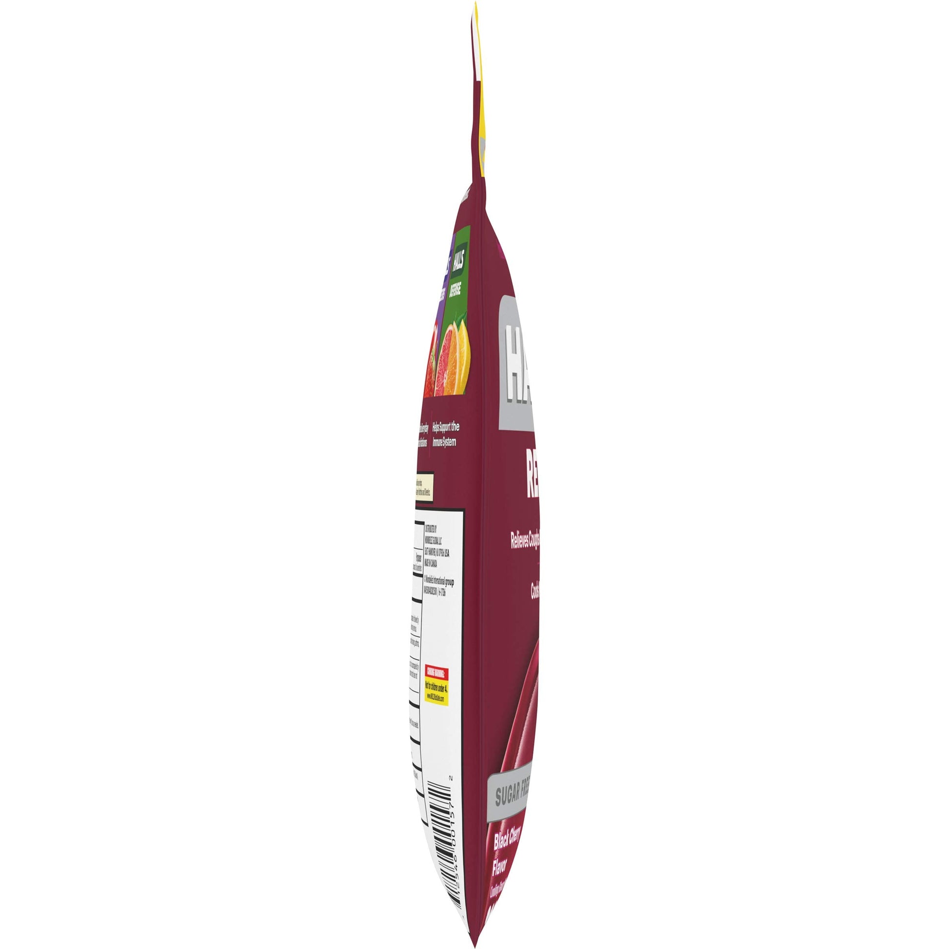 Side view of the imported USA packaging for HALLS relief black cherry sugar free drops