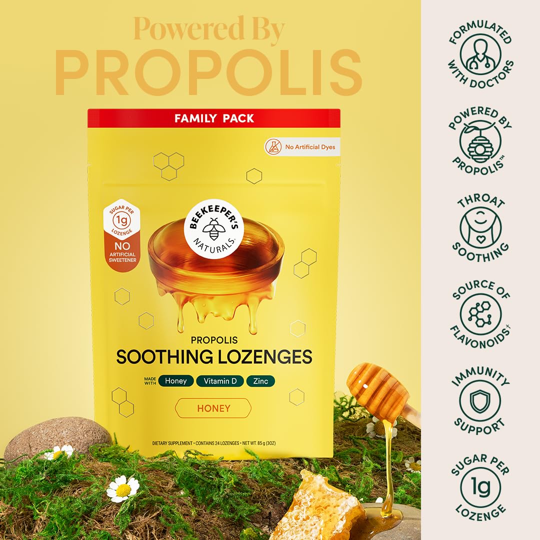 Beekeeper's Naturals honey lozenges showing immune support ingredients