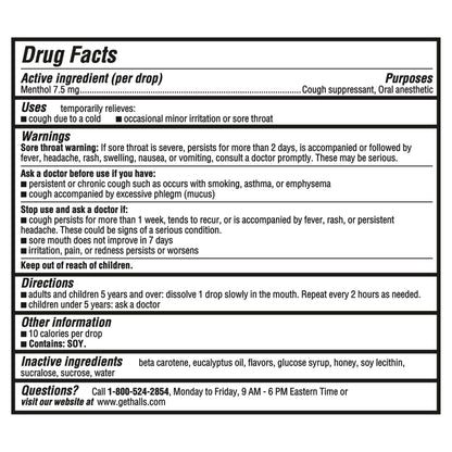 Close up of Halls menthol cough suppressant drops