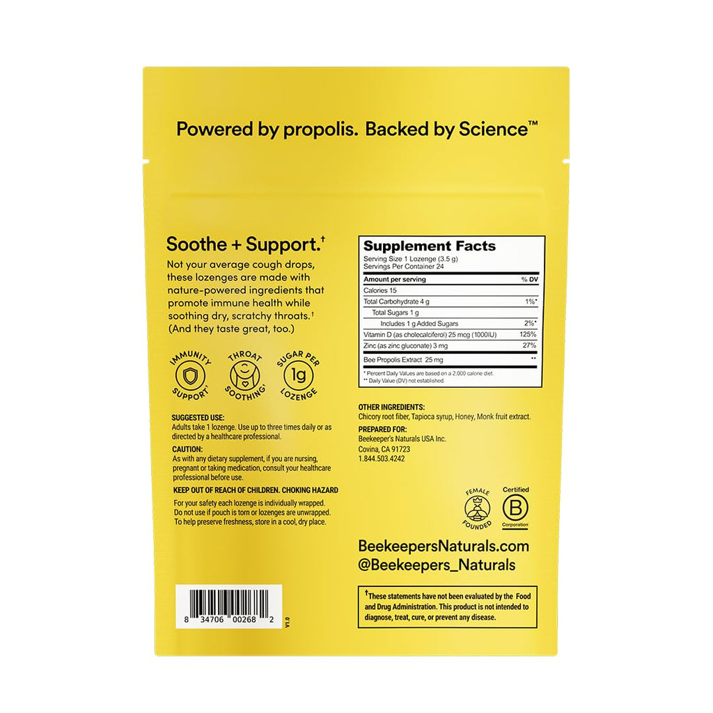 Beekeeper's Naturals lozenges ingredient highlights propolis and zinc